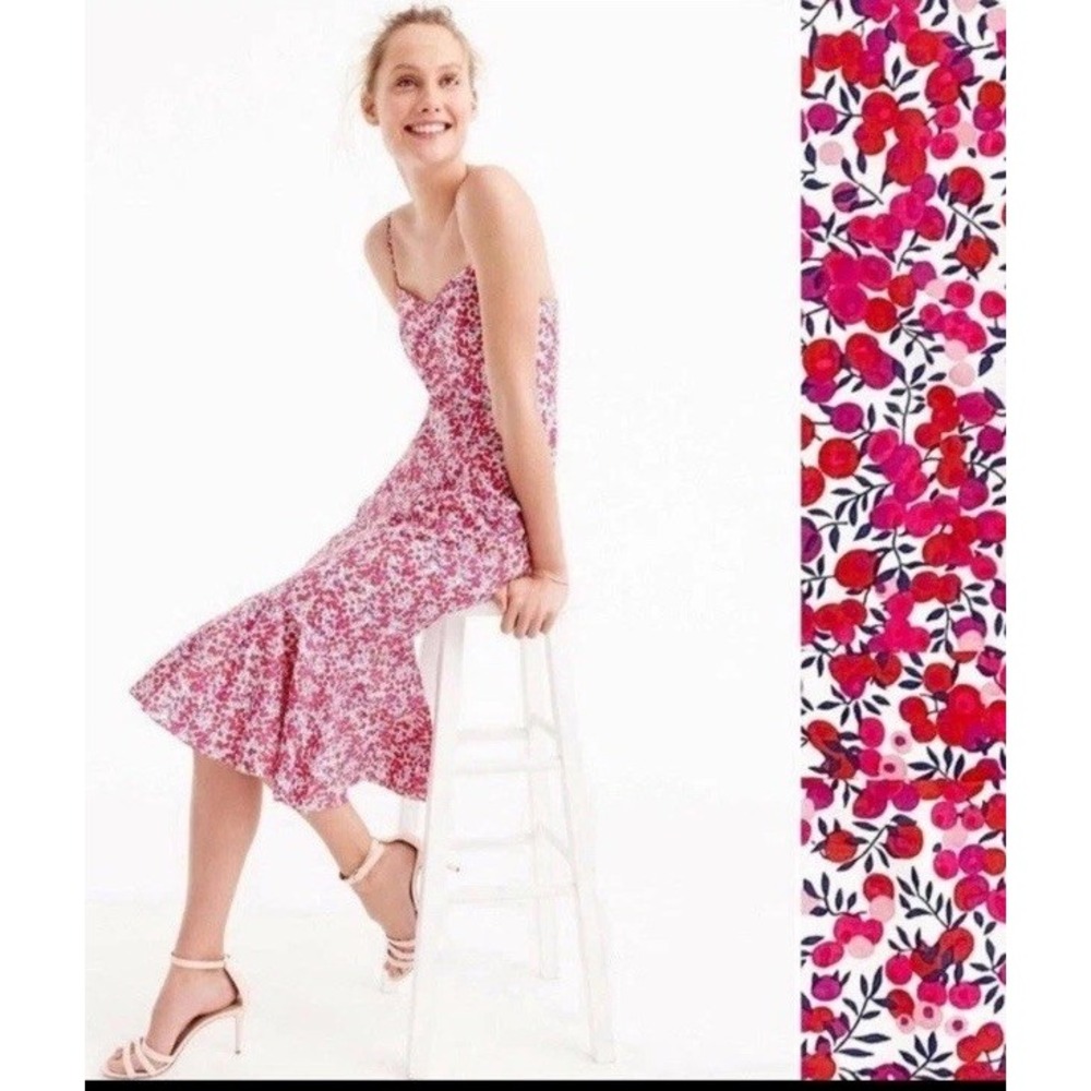 J Crew Liberty Fabric Cotton Ruffle-Hem Midi Red/White Dress Art Floral Womens 0 - Picture 2 of 9